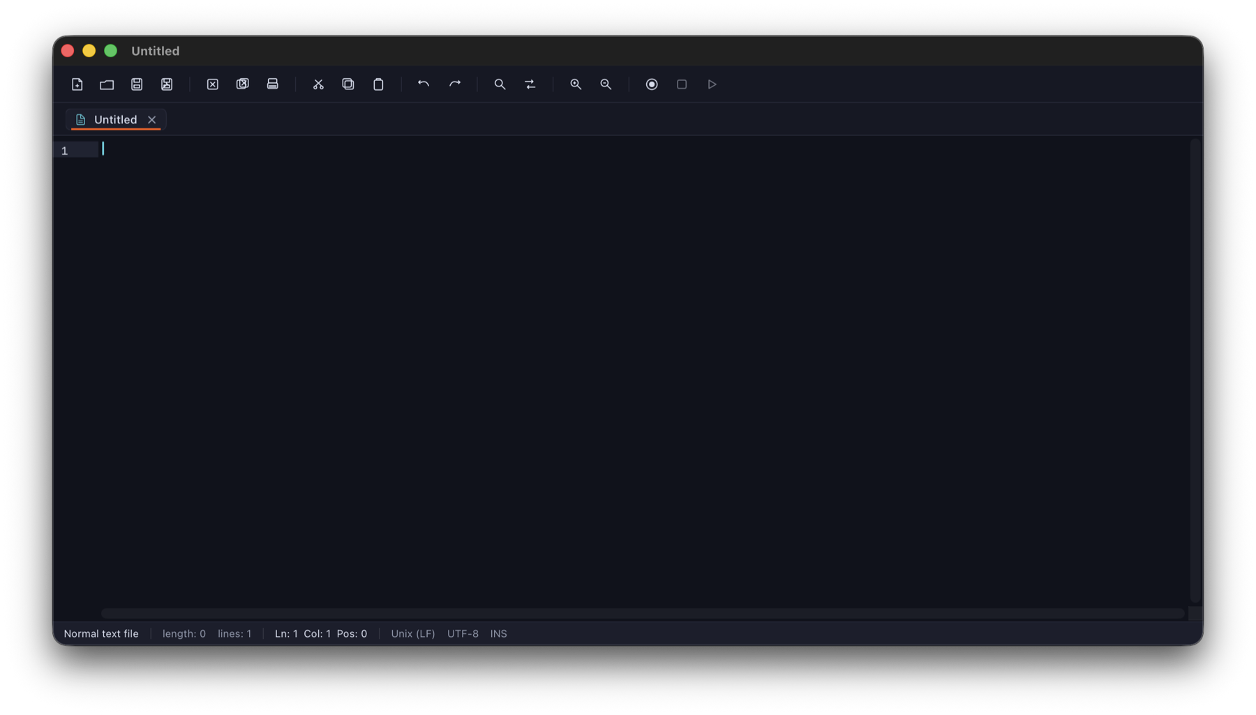 MacPadPlus main window with toolbar, tabs, editor, and status bar