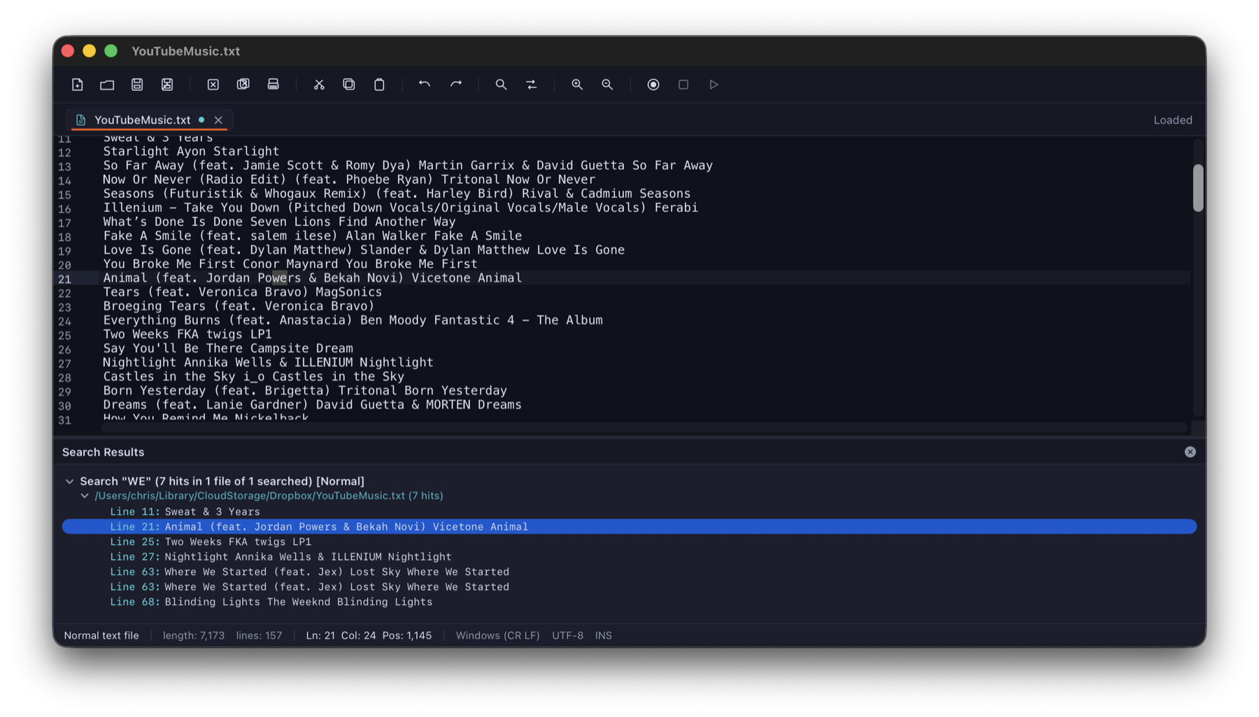 Search results panel