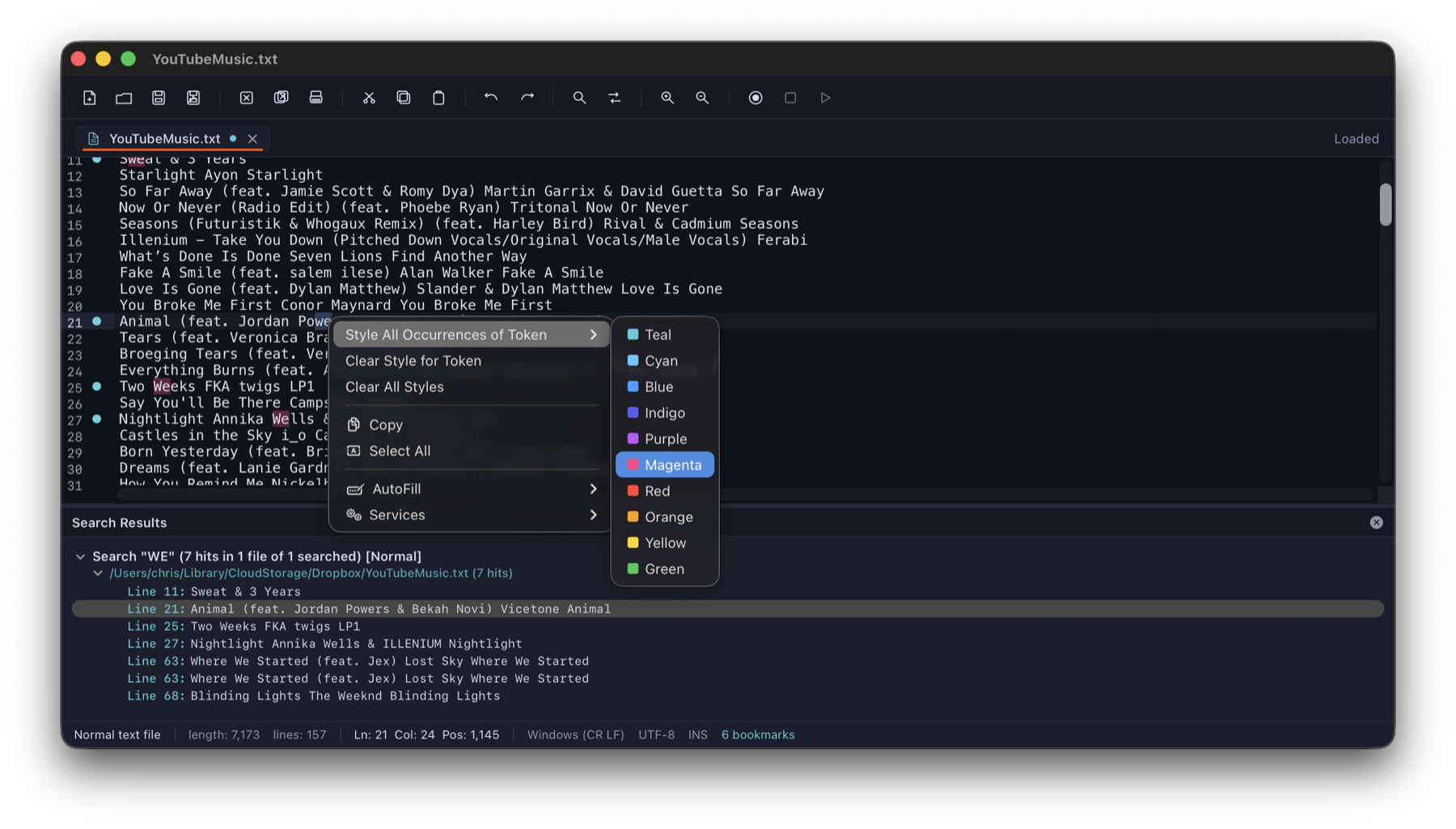 Token styling context menu